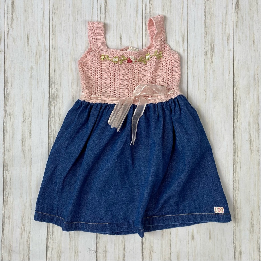 Vintage LE Pink Crochet Denim Summer Dress